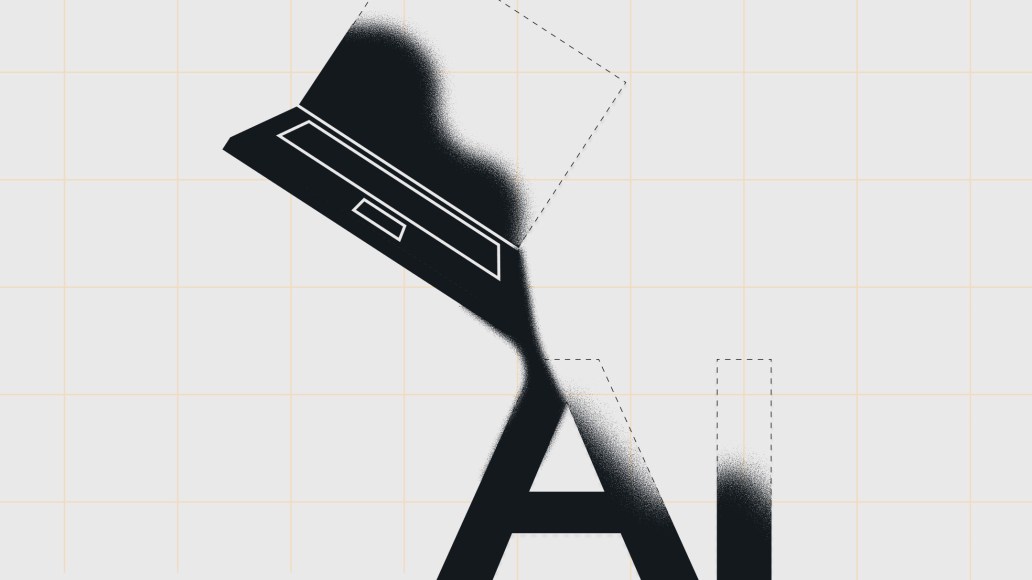 Stylized illustration of a laptop dissolving into the letters 'AI', symbolizing the fusion of technology and artificial intelligence in digital content creation.