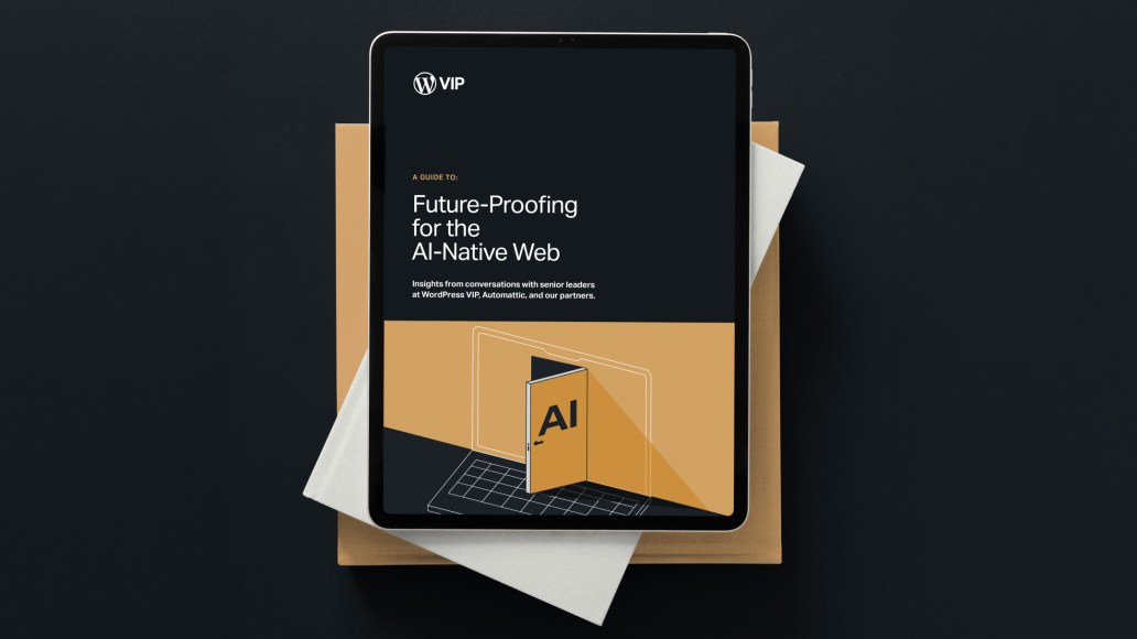 An open tablet on top of stacked books displays a digital guide titled “Future-Proofing for the AI-Native Web” by WordPress VIP. The cover features a stylized doorway labeled “AI,” symbolizing entry into the future of the web.
