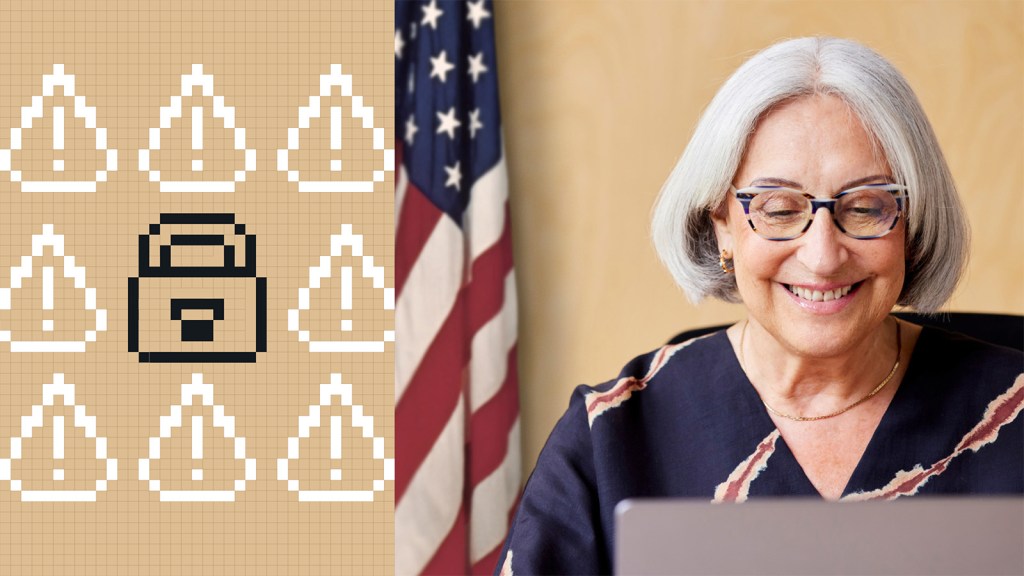 Smiling older woman with gray hair and glasses works on a laptop in front of a U.S. flag. Beside her, a graphic shows pixelated warning icons and a padlock, symbolizing government-level security and compliance.