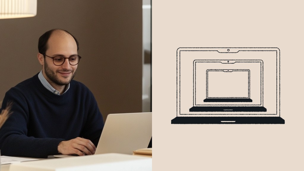 A smiling person working on a laptop sits on the left side of the image, while the right side features a minimalist illustration of a laptop within a laptop, repeating into infinity. The visual represents AI governance and human collaboration in journalism—balancing technology with thoughtful oversight.