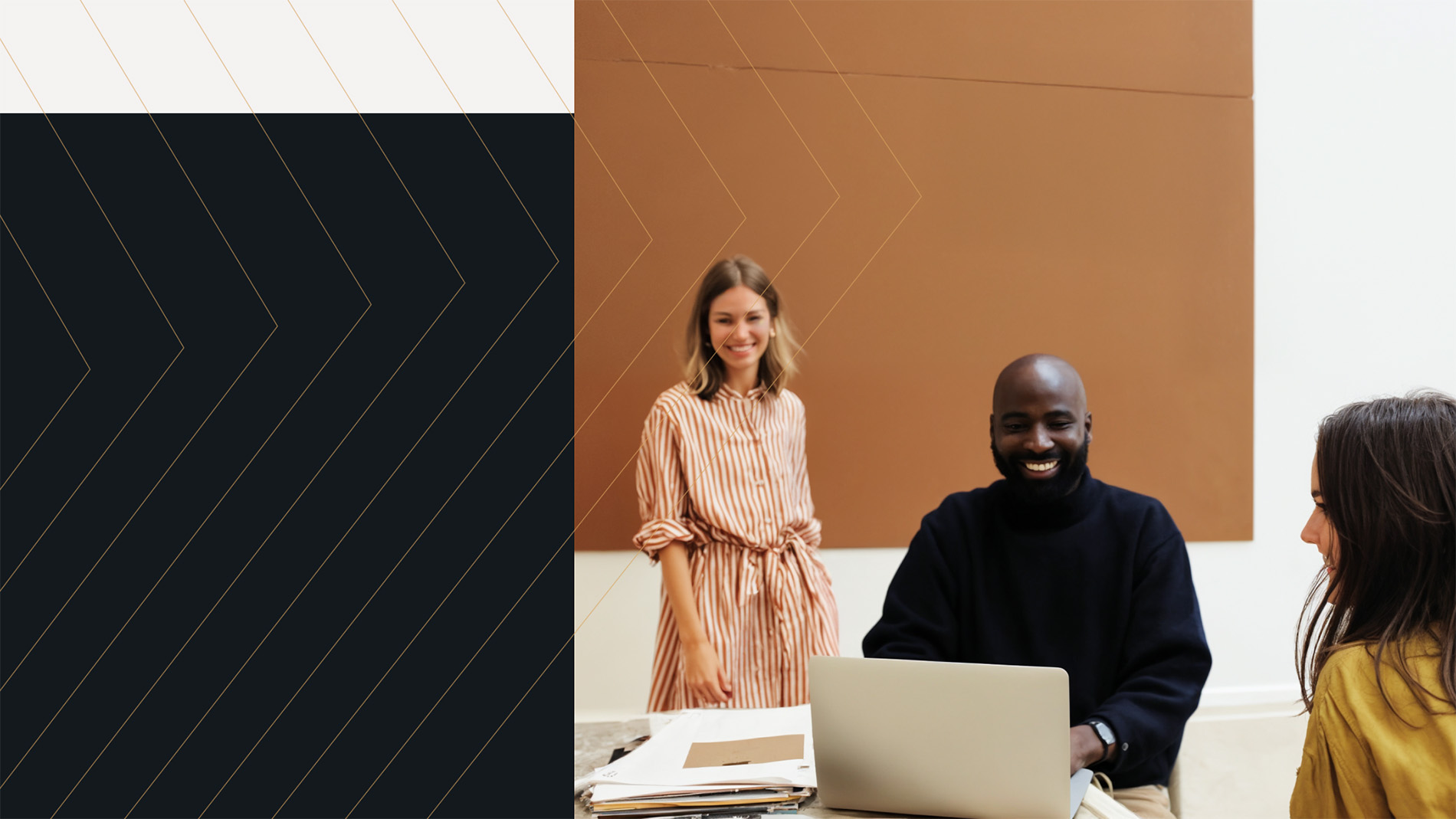 Three colleagues collaborate around a laptop in a bright, modern workspace. One person sits at the computer smiling, while two others stand and sit nearby, engaged in discussion. On the left, a black panel with subtle gold chevron lines adds a sleek, structured design element. The image conveys teamwork, clarity, and the forward movement of modern organizations transitioning to more agile, collaborative systems.