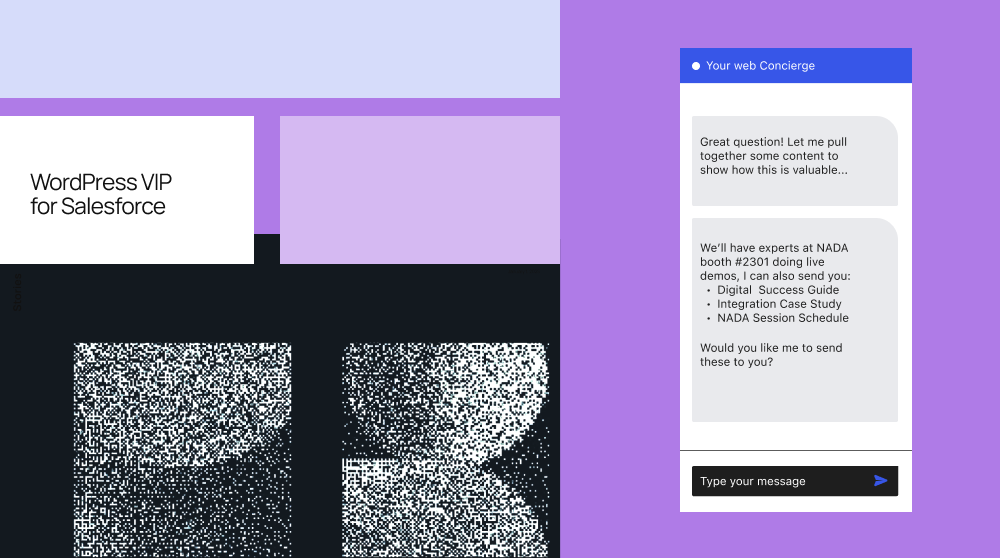 Chat-style interface showing “Your web Concierge” messages offering event details and resources, representing AI-powered personalized engagement with WordPress VIP and Salesforce.