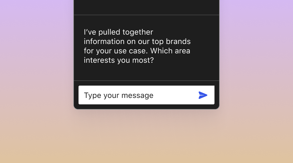 Chat interface on a gradient background with a message asking about areas of interest, representing AI-driven personalization through the WordPress VIP Agentforce Connector.
