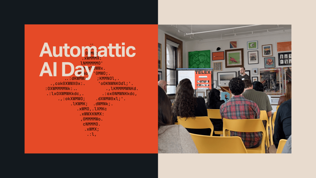 A split-panel image promoting Automattic AI Day. The left side shows the text “Automattic AI Day” over a light background with an abstract shape made of AI-style code characters. The right side shows a speaker presenting to an audience in a brightly lit room with yellow chairs and colorful framed artwork on the walls.