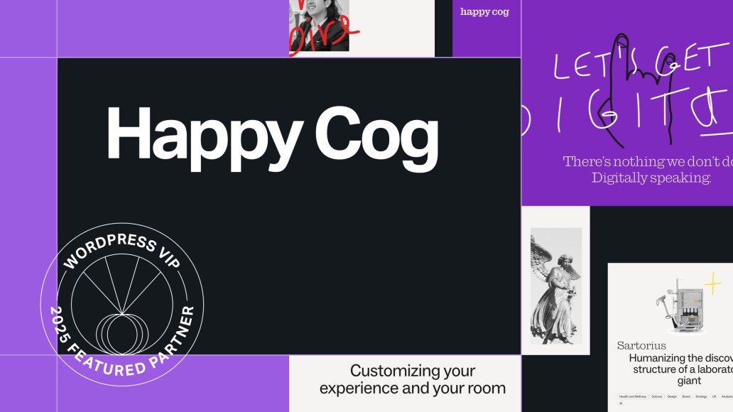 Graphic design featuring the WordPress VIP 2025 Featured Partner badge and the Happy Cog logo at the center. The layout uses a mix of purple, black, and white sections with playful handwritten typography reading “LET’S GET DIGITAL.” Additional smaller images show a classical statue and a digital project preview, representing creativity and digital craftsmanship.
