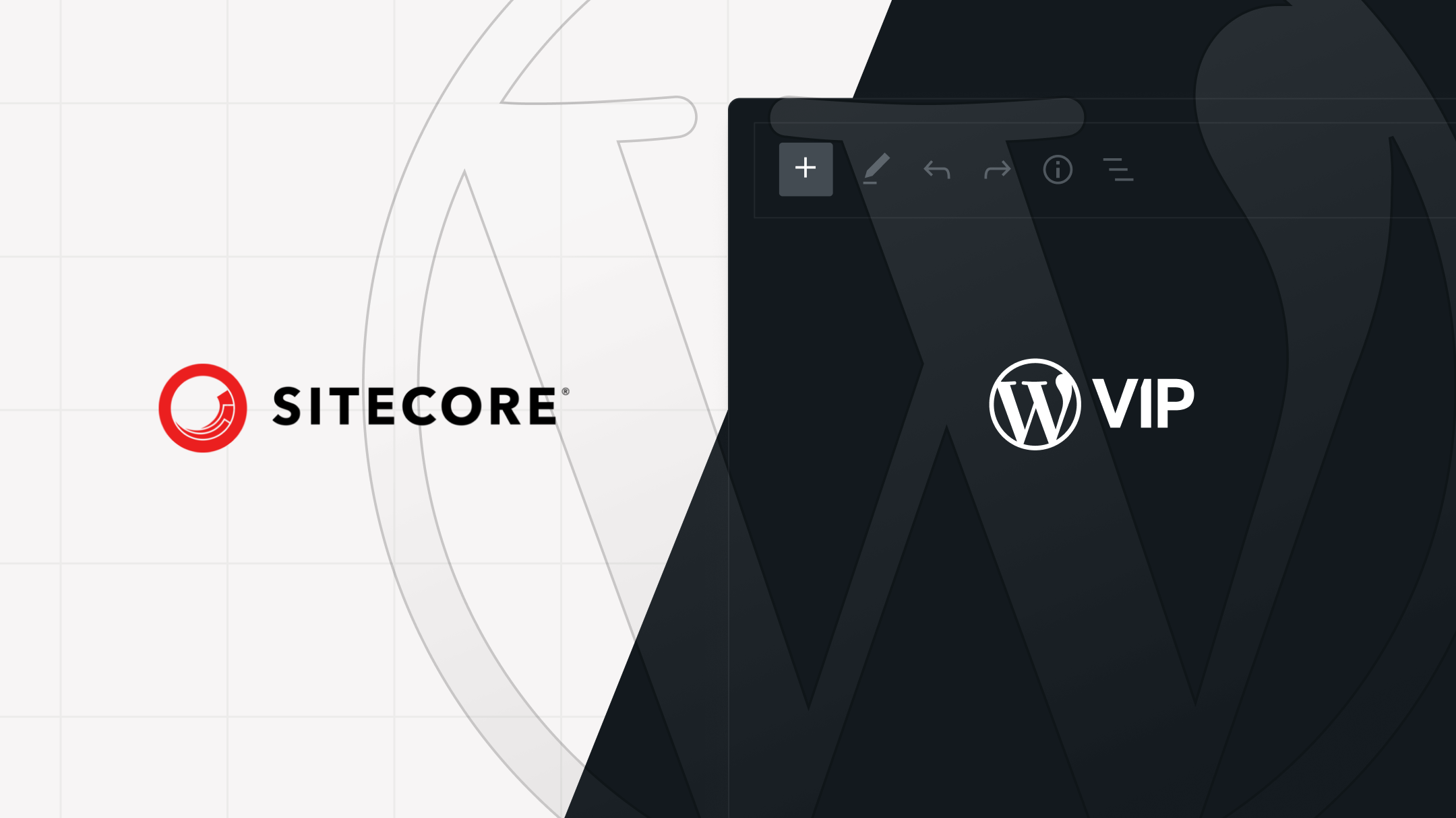 A split-screen digital illustration comparing two content platforms. On the left, the Sitecore logo appears over a light background with a faint grid and a large “S” watermark. On the right, the WordPress VIP logo is shown on a dark background resembling the WordPress editor interface, with a subtle overlay of the WordPress “W” logo. The composition visually contrasts the two brands’ aesthetics — Sitecore in red and white, WordPress VIP in black and gold — symbolizing a head-to-head comparison between enterprise CMS platforms.