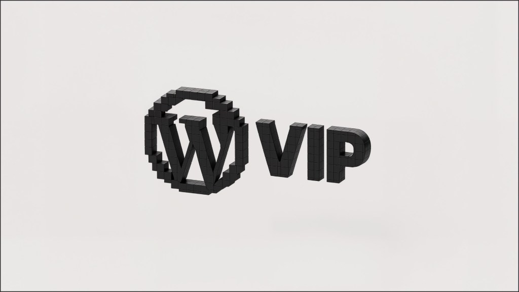 WordPress VIP logo built from black 3D blocks, forming the “W” mark and the word “VIP” in relief on a light background.