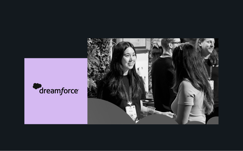 Dreamforce logo beside a black-and-white photo of people networking at an event, representing WordPress VIP and Salesforce collaboration at Dreamforce 2025.