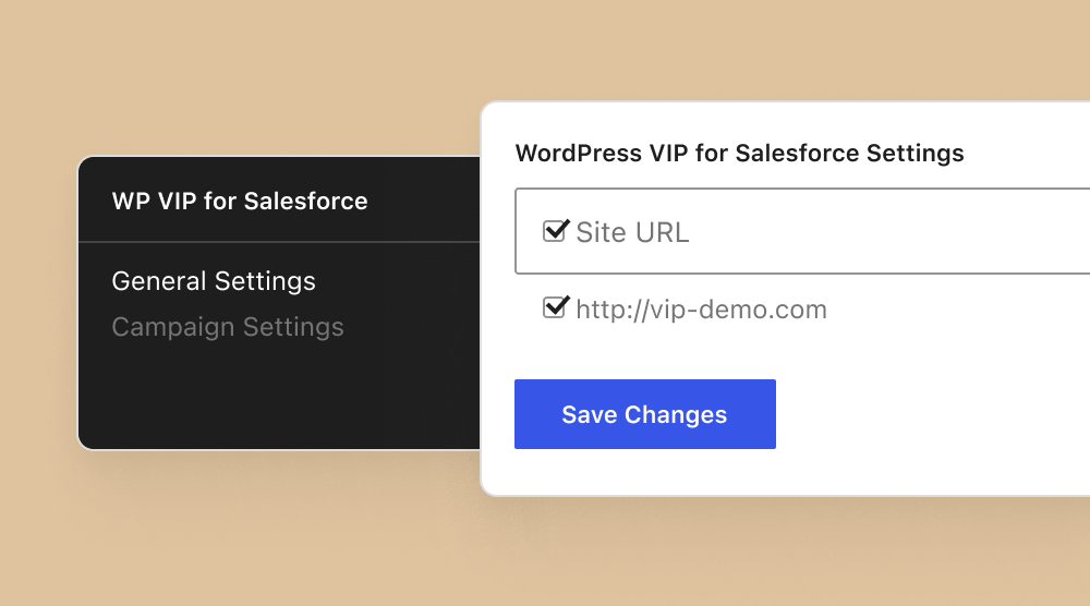 Settings panel showing WordPress VIP for Salesforce options with a “Save Changes” button, representing seamless content integration between WordPress and Salesforce Agentforce Marketing.