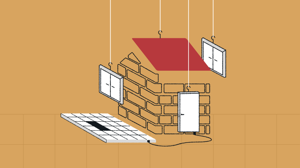Illustration of a small isometric brick house being assembled like modular parts: a brick structure sits in the center while the roof, windows, and door hang from hooks above, ready to be placed. A tiled floor panel is positioned on the left, connected by a cable, suggesting it can be moved or swapped.