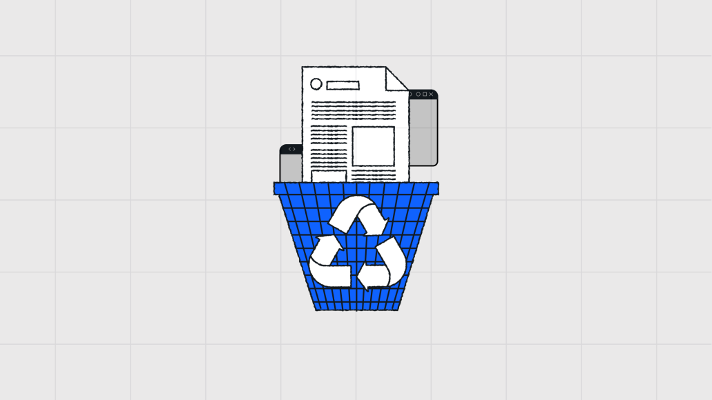 The image shows documents being recycled—a metaphor for how content intelligence transforms everyday content from disposable output into a reusable, continually improving strategic asset.