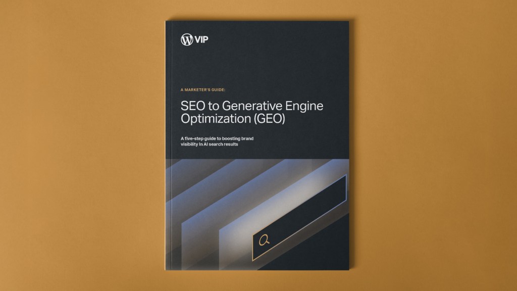 A printed booklet titled “SEO to Generative Engine Optimization (GEO)” lies flat on a mustard-yellow background. The cover features the WordPress VIP logo, the subtitle “A five-step guide to boosting brand visibility in AI search results,” and a stylized search bar graphic in soft gradients of gold and gray.
