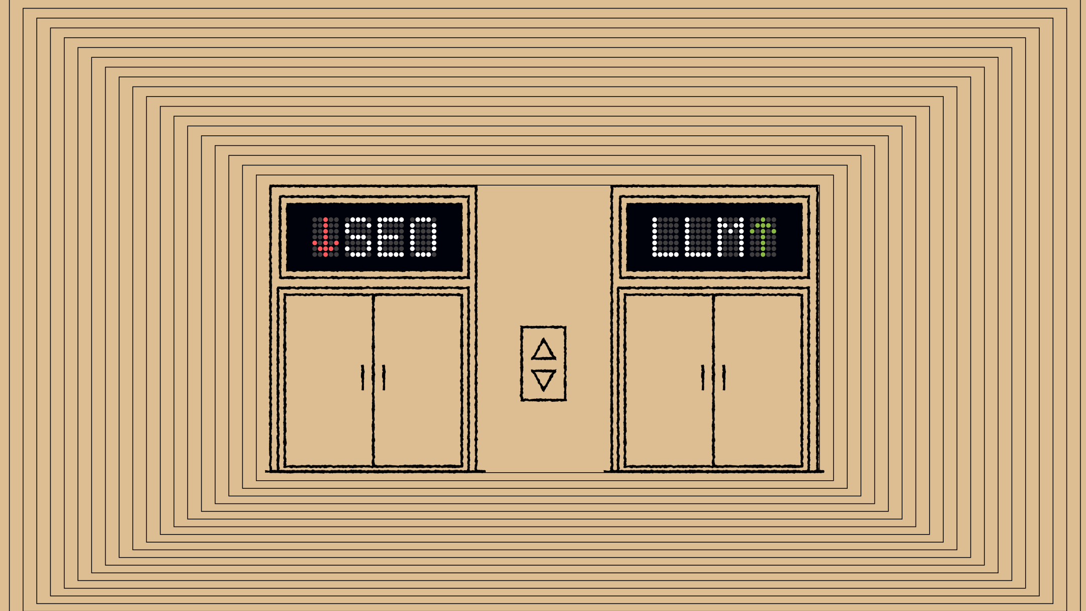 Two side-by-side elevator doors labeled with digital dot-matrix screens above them. The left screen reads “SEO” with a red downward arrow, and the right screen reads “LLM↑” with a green upward arrow. Both elevators sit centered in a stylized beige hallway with concentric rectangular linework radiating outward, creating a tunnel-like visual effect. Between the doors is a simple up/down elevator button panel.