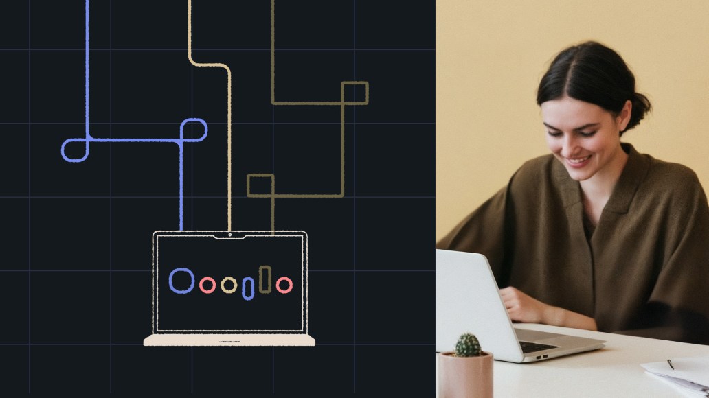 Split-screen design. On the left, a dark grid background with colored, hand-drawn lines feeding into a sketch-style laptop displaying simple circle and bar chart icons. On the right, a woman smiles while working on a laptop at a desk