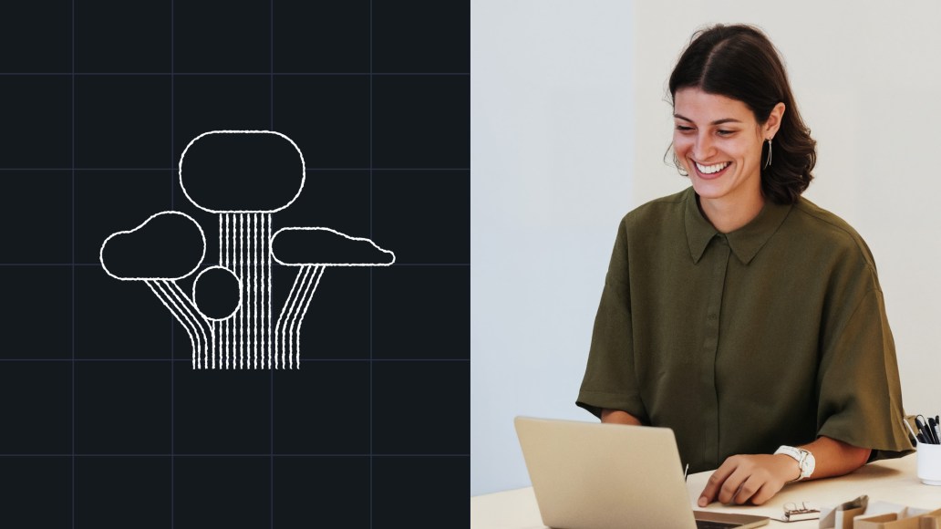 A split-screen image showing a stylized white line-art tree illustration on a dark grid background on the left, and a smiling woman working on a laptop at a desk on the right.
