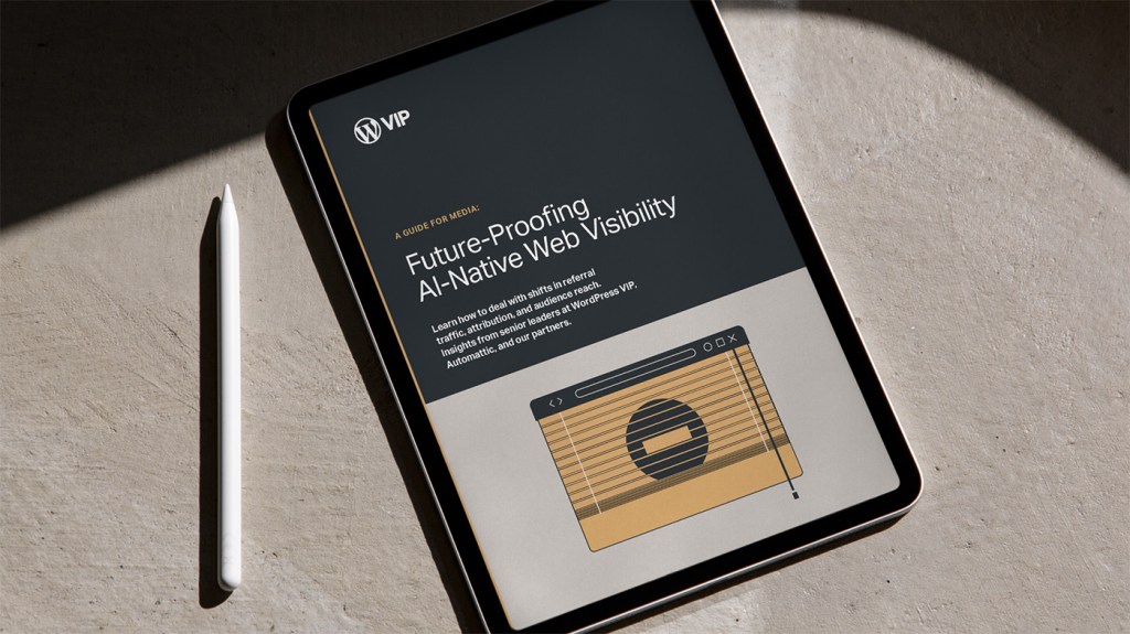A digital tablet displaying the cover of a report titled “Future-Proofing AI-Native Web Visibility” by WordPress VIP. The cover features a dark background with white and gold text and an illustration of a stylized browser window in gold tones.
