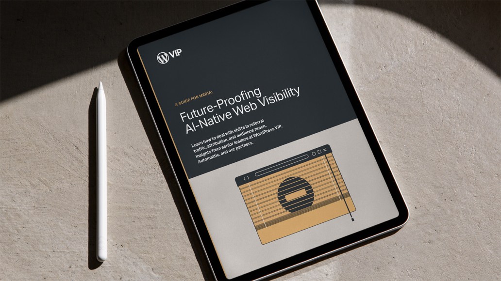 A digital tablet displaying the cover of a report titled “Future-Proofing AI-Native Web Visibility” by WordPress VIP. The cover features a dark background with white and gold text and an illustration of a stylized browser window in gold tones.