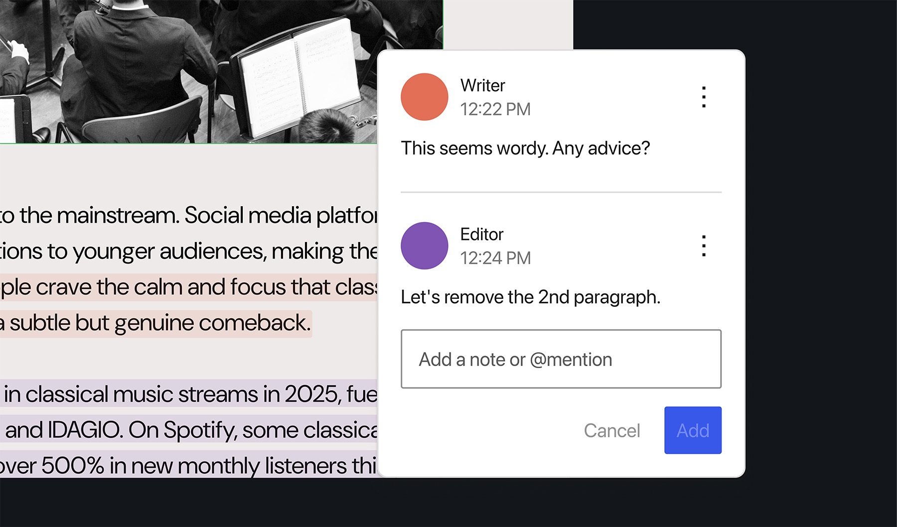 A collaborative editing interface showing a writer and editor exchanging comments on a document. The writer asks, “This seems wordy. Any advice?” and the editor replies, “Let’s remove the 2nd paragraph.” Highlighted text appears in the document behind the comment panel, illustrating teamwork in real-time editing.