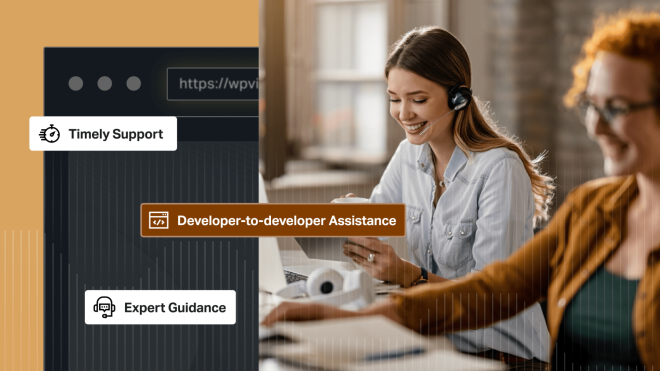 Customer support agent using a headset at a laptop, with on-screen labels highlighting developer assistance and expert guidance.