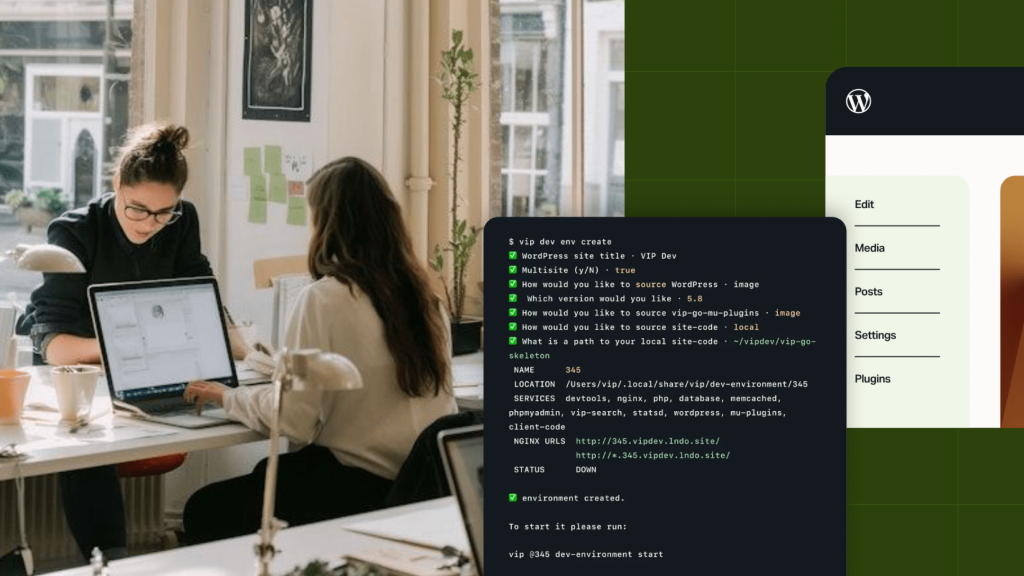 Developers working together on a laptop with an overlaid terminal displaying WordPress VIP dev environment creation and WordPress admin menus.