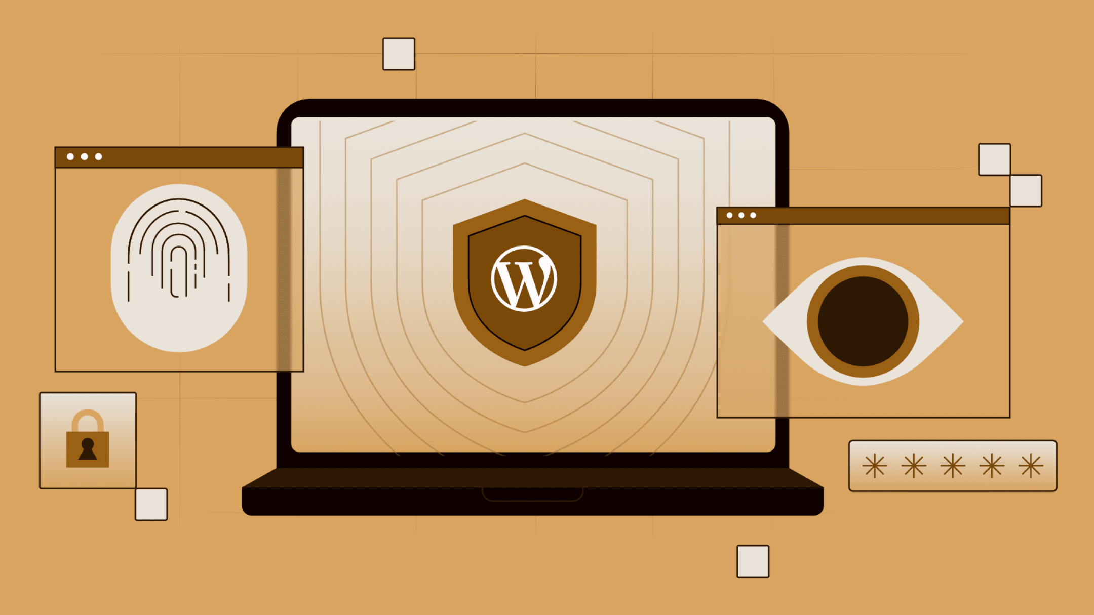 Illustration of a laptop displaying the WordPress logo inside a shield, surrounded by security symbols including a fingerprint, lock, password field, and visibility icon representing multi-layered protection.