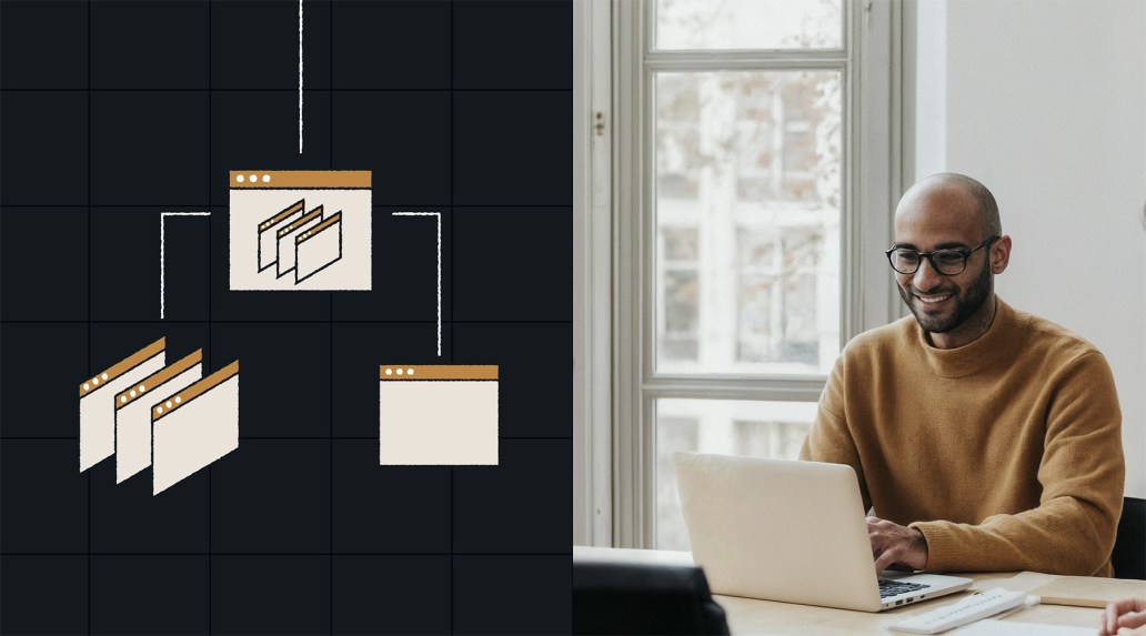 Illustration of connected CMS interface windows alongside a photo of a professional working on a laptop, representing a comparison between headless and hybrid CMS architectures and how content systems connect to real-world workflows.