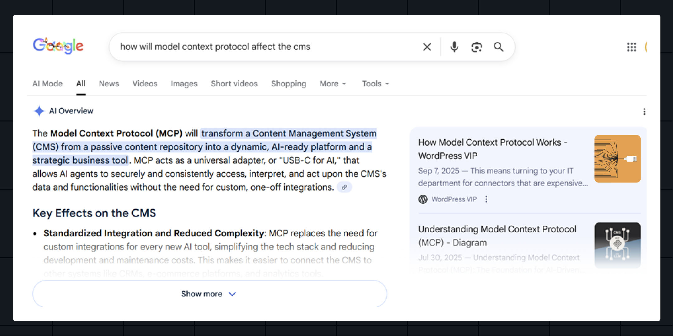 Screenshot of a Google search results page showing an AI Overview answer to the query “how will model context protocol affect the CMS,” with highlighted text explaining MCP’s impact on content management systems and a sidebar featuring WordPress VIP articles related to Model Context Protocol.