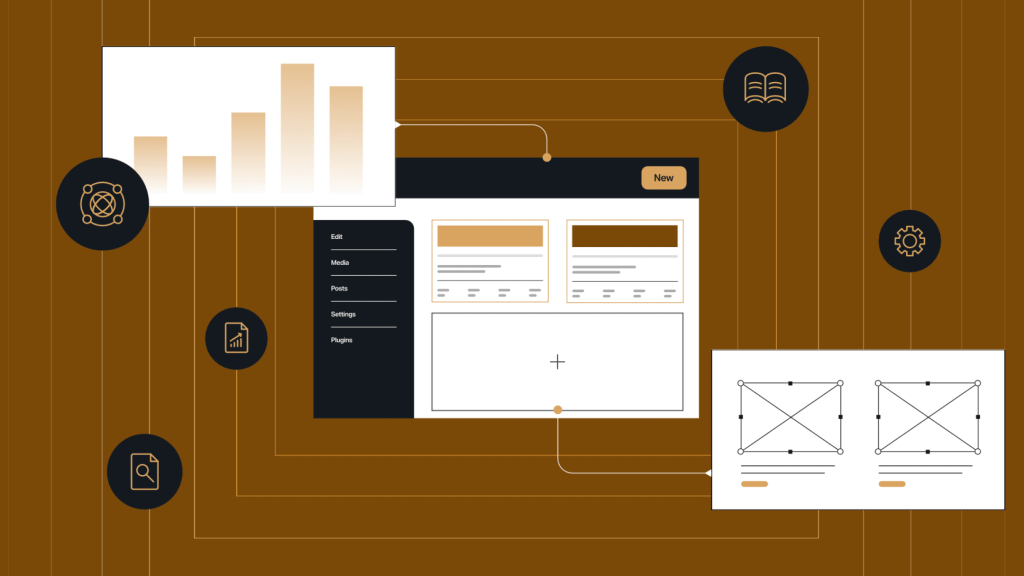Stylized illustration of a WordPress admin screen with content cards and page sections, surrounded by icons for analytics, search, settings, and product layouts representing integrated ecommerce workflows.