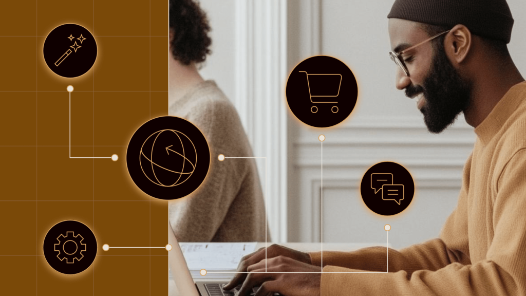 Laptop user shown alongside connected icons for plugins, integrations, ecommerce, and global distribution, illustrating the WordPress ecosystem.