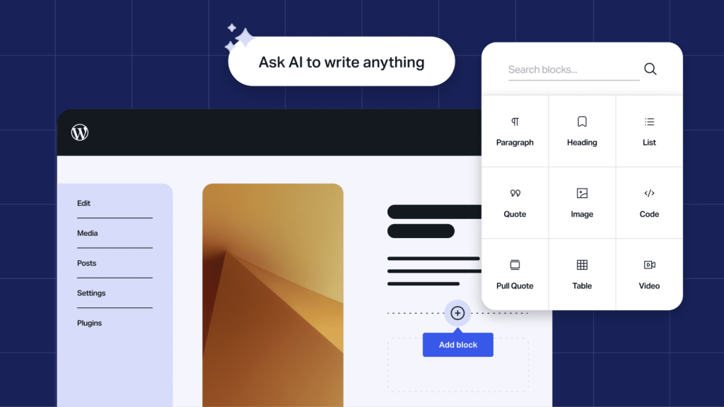 WordPress Gutenberg Block Editor interface showing AI-assisted writing and drag-and-drop content blocks for faster content creation.
