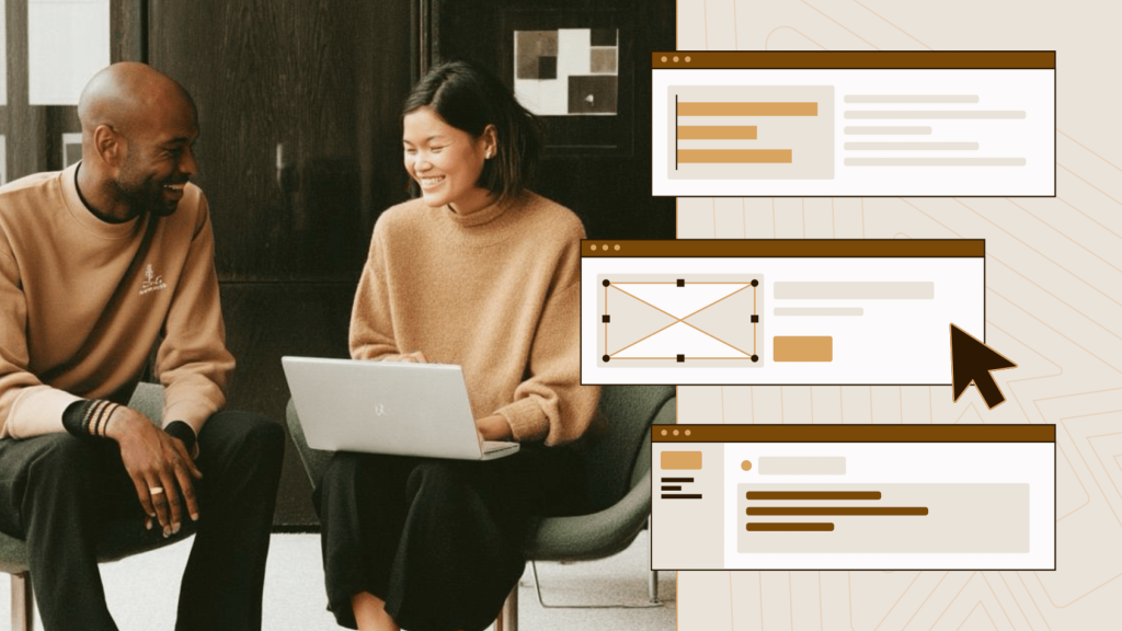 Two colleagues reviewing a laptop together, alongside interface mockups showing website management screens with page layouts, content blocks, and editing controls.