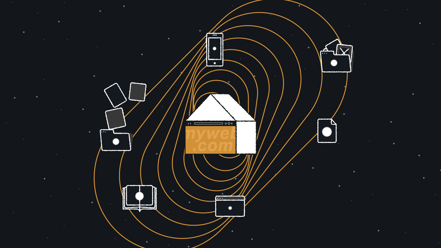 Illustration of a central website represented as a house icon, with multiple content formats (mobile, articles, email, documents) orbiting around it along flowing lines, visualizing a website as the hub within an omnichannel marketing strategy.