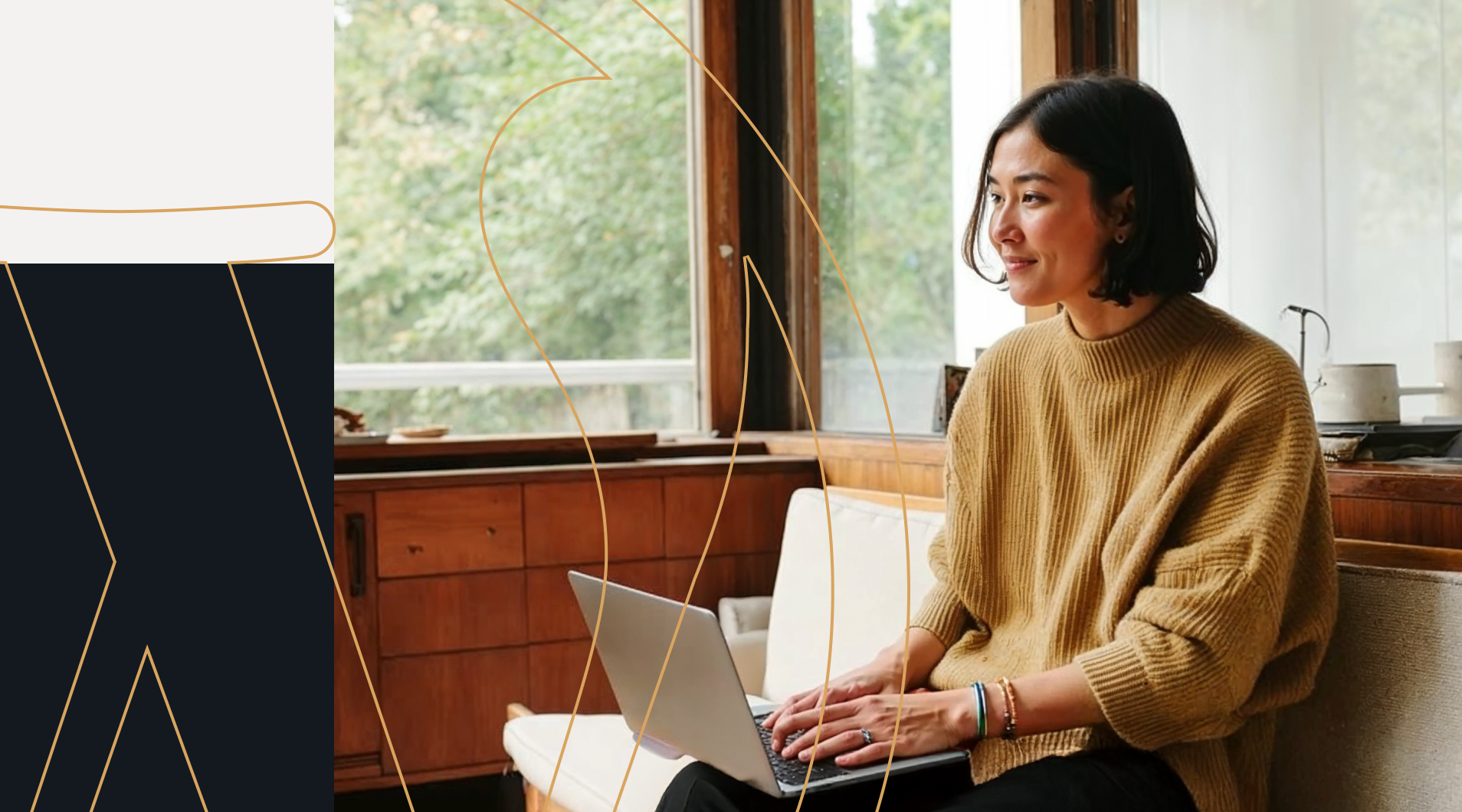 Woman sitting by a window using a laptop in a modern workspace, with subtle WordPress VIP brand linework overlay, illustrating digital work and collaboration in a government or enterprise setting.