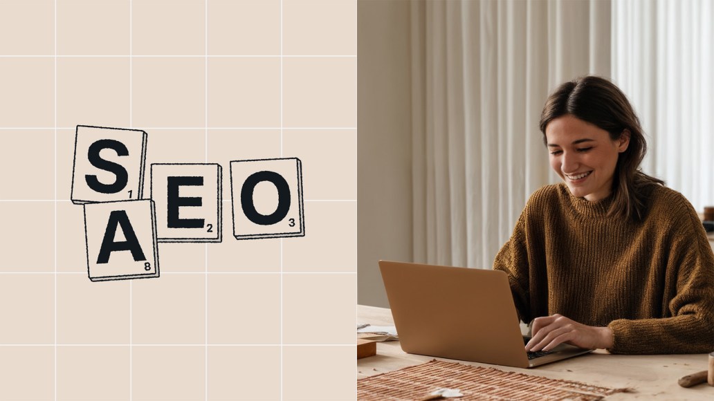 Split visual illustrating Answer Engine Optimization (AEO): letter tiles spelling “AEO” on a grid background alongside a person working on a laptop, representing the shift from traditional SEO to AI-driven answer engines.
