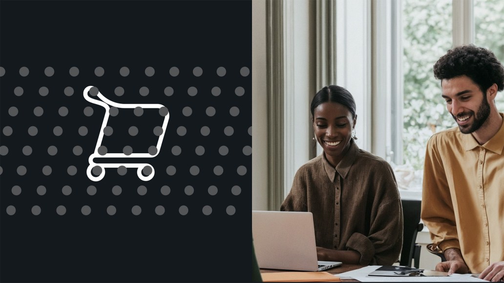 Split image illustrating “Bridging the Gap Between Acquisition and Outcome with Parse.ly”: a shopping cart icon on a dotted grid representing acquisition on the left, and two people reviewing data on a laptop on the right, representing engagement and conversion outcomes.