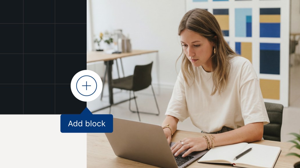 Content creator typing on a laptop with interface elements overlaid, illustrating how a CMS helps teams create and publish content faster.
