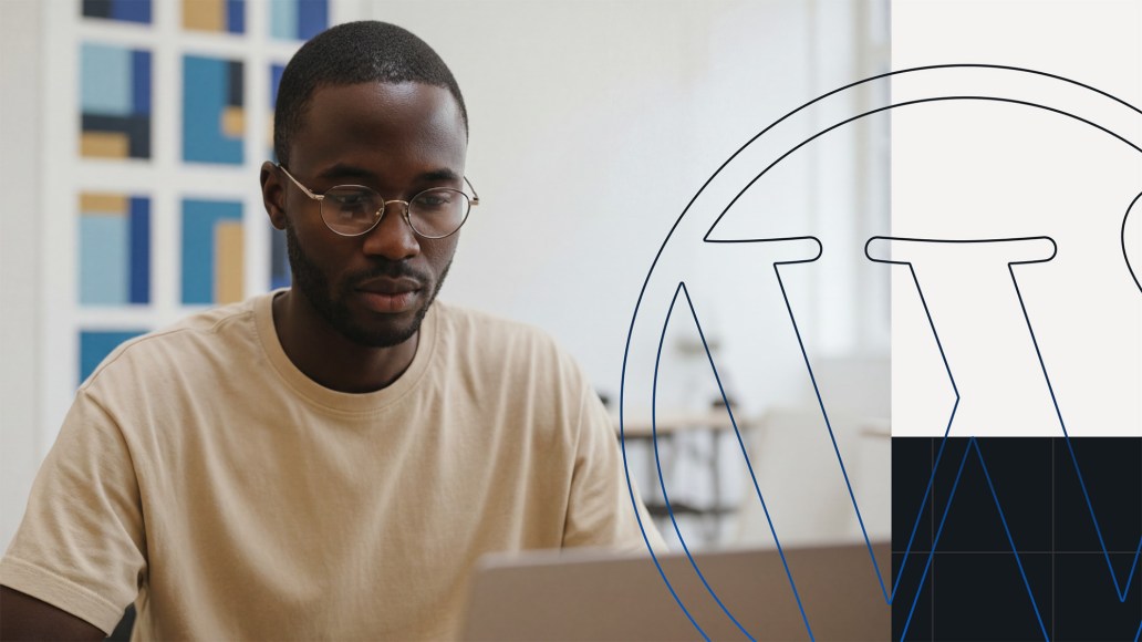 Developer focused on a laptop with WordPress-style visual elements, representing a CMS designed to delight developers and streamline workflows.