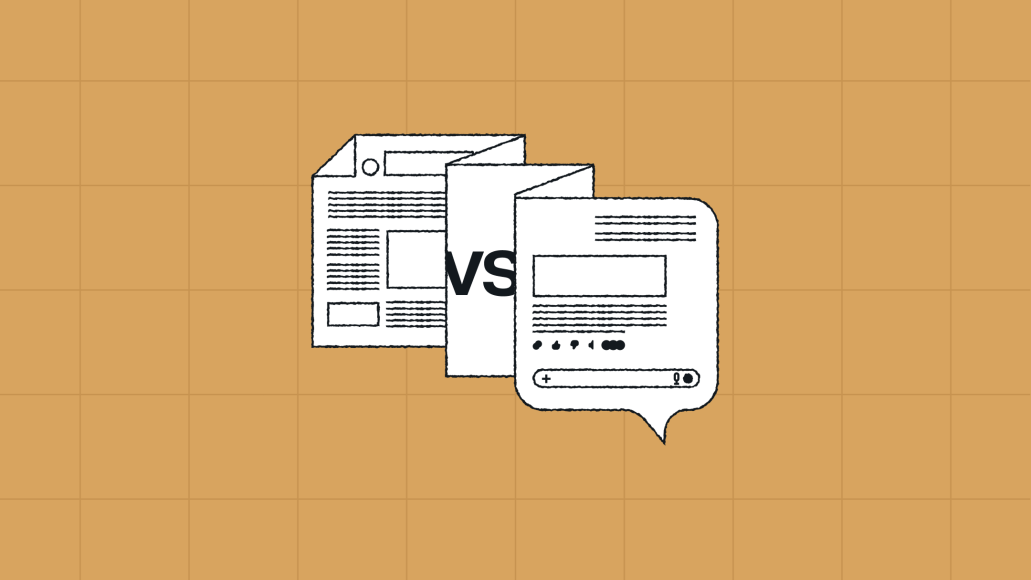 Illustration comparing conversational AI and traditional article pages, shown as overlapping chat bubbles and document layouts with a ‘vs’ between them, representing how conversational interfaces and article pages coexist in the future of content.