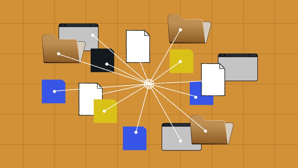 **Alt text:** Illustration showing a central hub connecting folders, documents, and web interfaces, representing enterprise content management unifying content from multiple systems into a single, connected ecosystem.