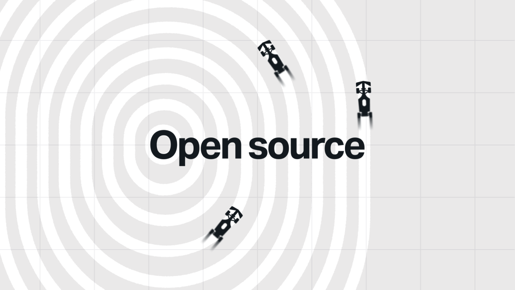 Multiple Formula 1 cars racing in coordinated circular paths around the words ‘Open source,’ symbolizing a complete, integrated racing program powered by open-source technology.