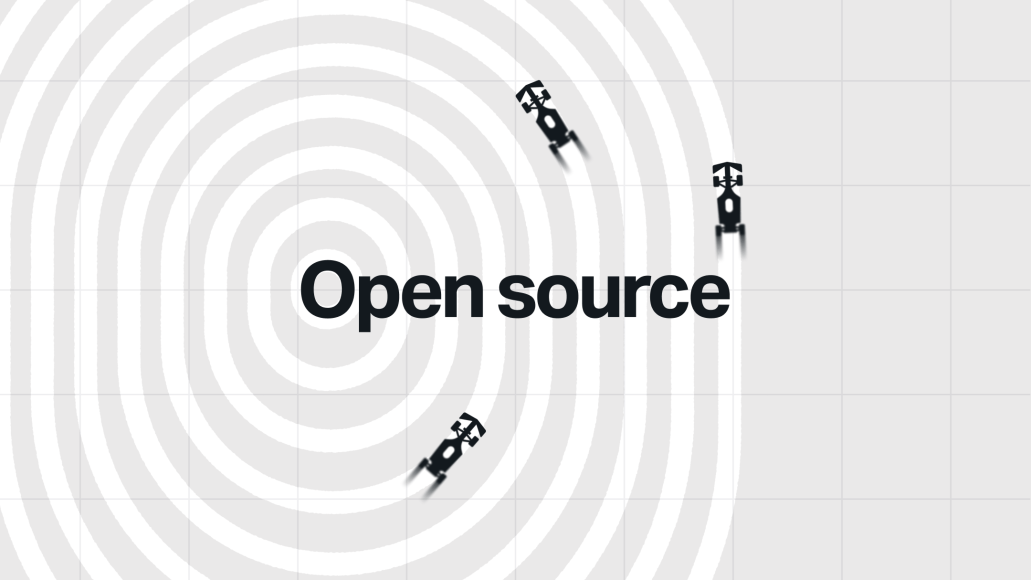 Multiple Formula 1 cars racing in coordinated circular paths around the words ‘Open source,’ symbolizing a complete, integrated racing program powered by open-source technology.