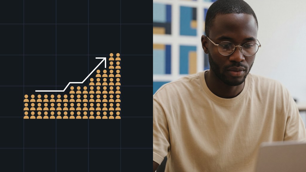 Abstract chart made of people icons rising upward alongside a professional working on a laptop, illustrating how leveraging enterprise content engagement analytics drives measurable business outcomes.