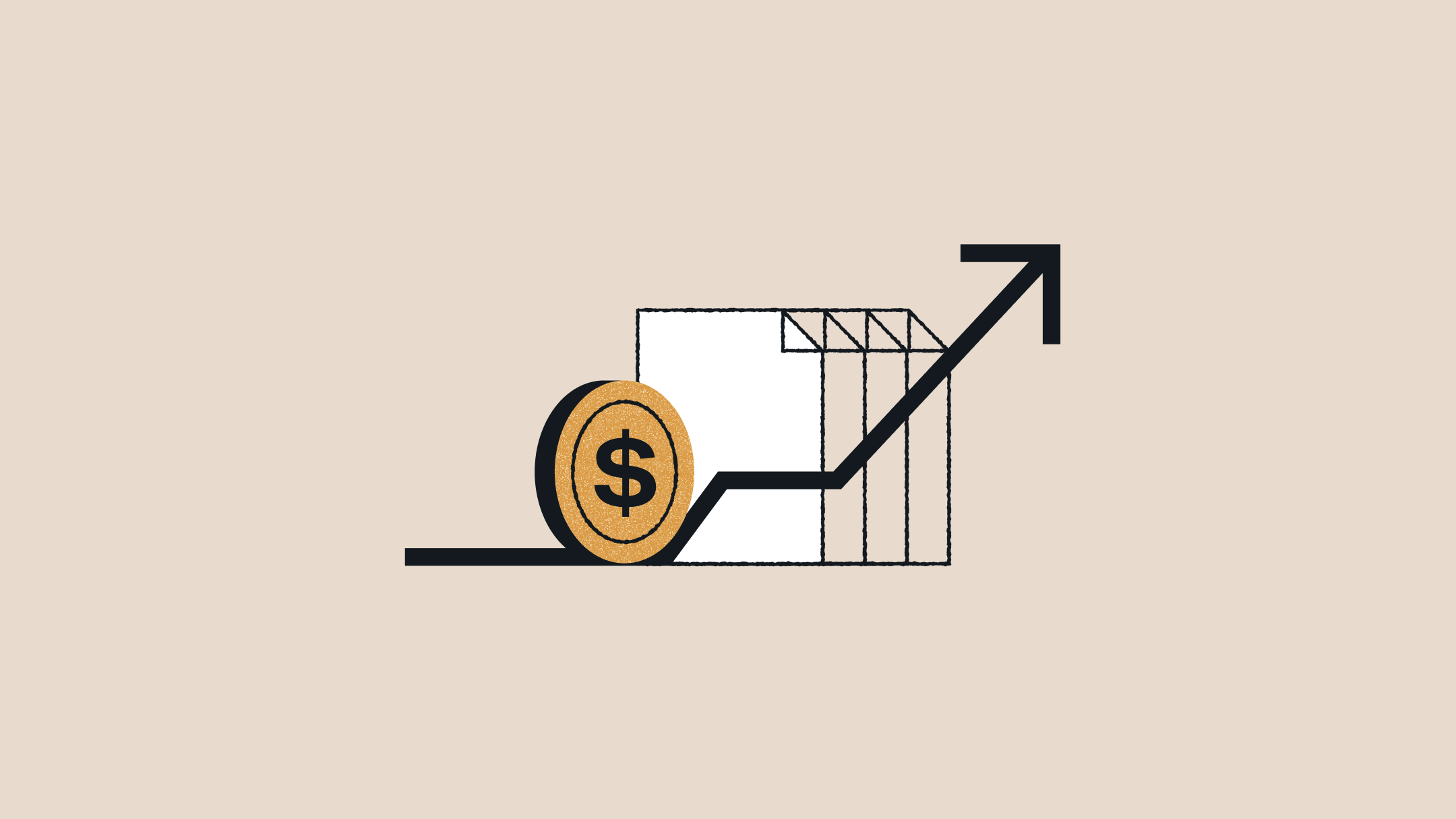 Illustration showing documents stacked as a rising bar chart with an upward arrow and a dollar coin in front, representing measuring content ROI and how enterprise content performance drives increasing business value and revenue.