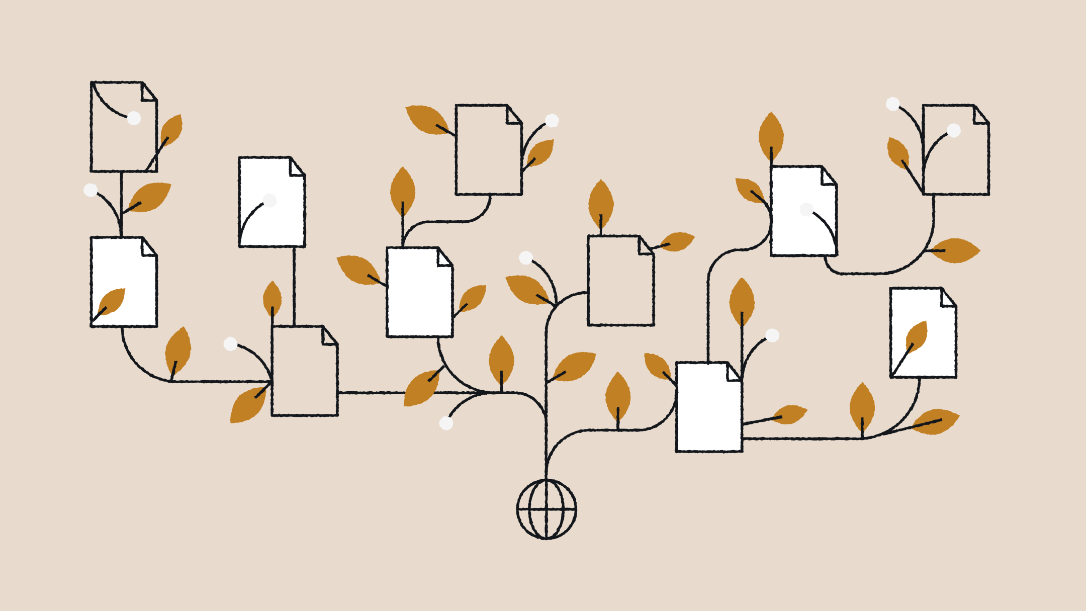 Illustration of a branching content tree with document icons growing from a central root, representing who needs enterprise content management across teams, use cases, and organizations as content scales and spreads.