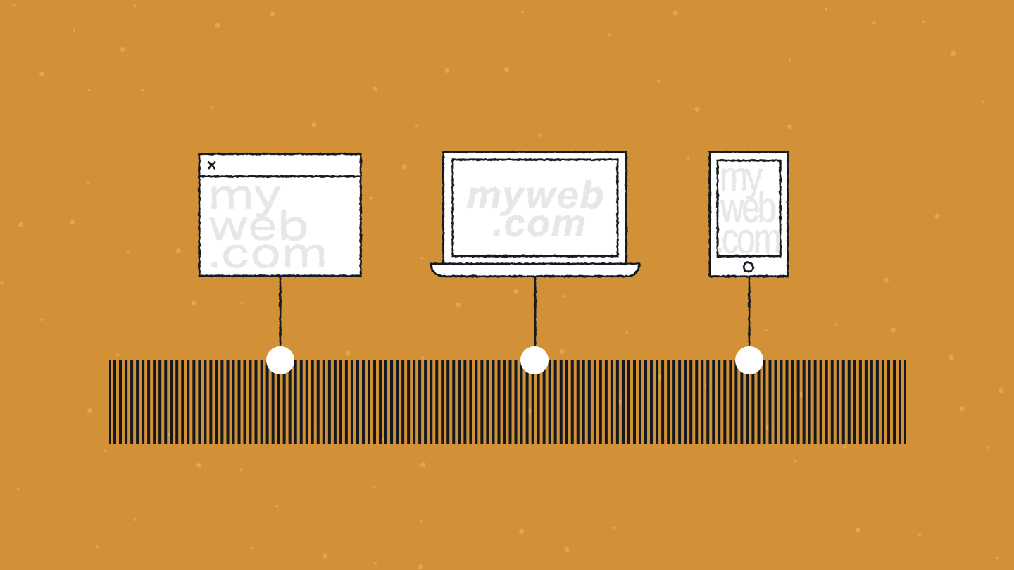 Illustration showing the evolution of a website across devices, with a browser window, laptop, and mobile phone all displaying “myweb.com,” representing how bare-bones, brochure-like sites evolved into responsive, multi-device web experiences.