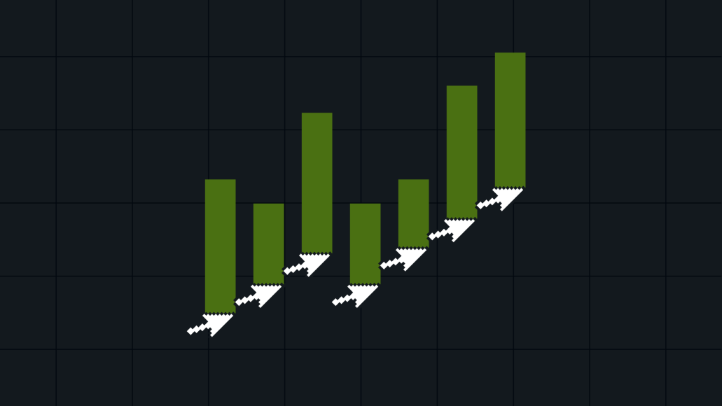 Bar chart showing rising green columns with pixel-style cursor arrows pointing upward on each bar, representing AI content performance measurement and gaining insight into the impact of LLM-driven engagement growth.