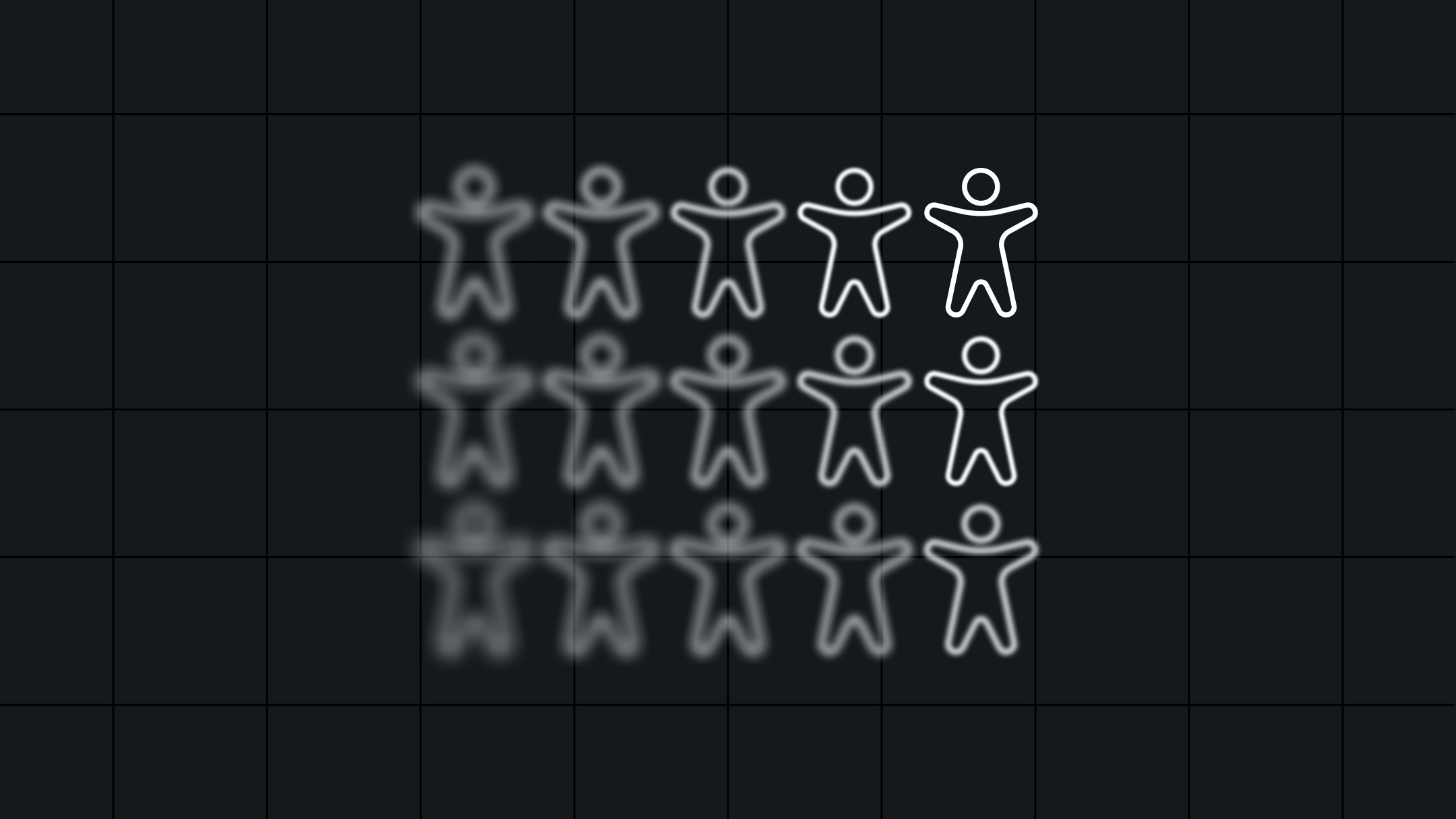 Grid of simplified human outline icons arranged in rows, with the figures on the left blurred and gradually becoming sharp and clear toward the right, illustrating accessibility tools comparison and evaluation in an enterprise context.