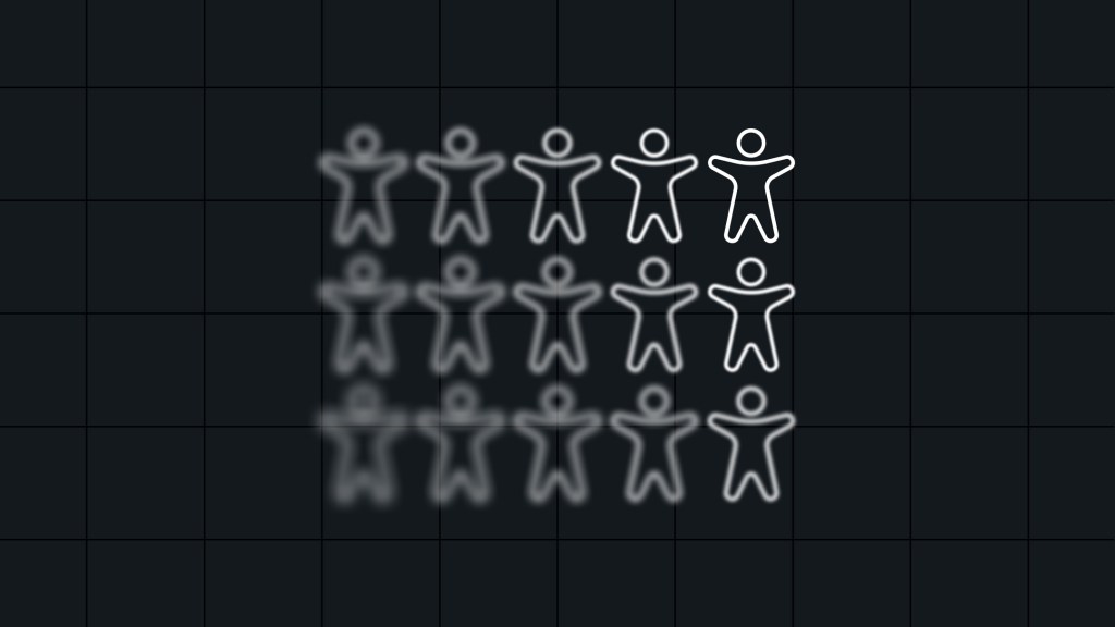 Grid of simplified human outline icons arranged in rows, with the figures on the left blurred and gradually becoming sharp and clear toward the right, illustrating accessibility tools comparison and evaluation in an enterprise context.