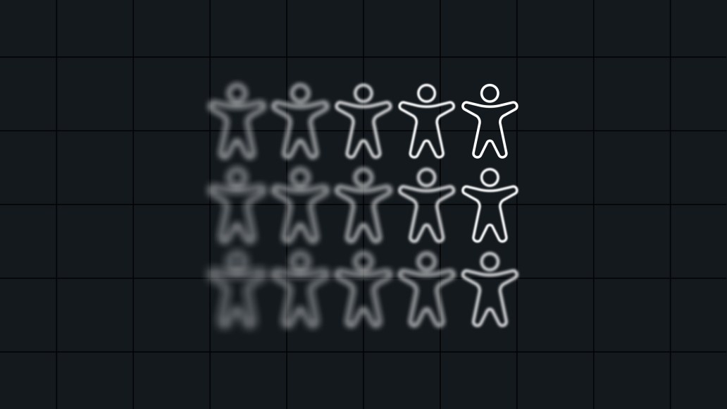 Grid of simplified human outline icons arranged in rows, with the figures on the left blurred and gradually becoming sharp and clear toward the right, illustrating accessibility tools comparison and evaluation in an enterprise context.