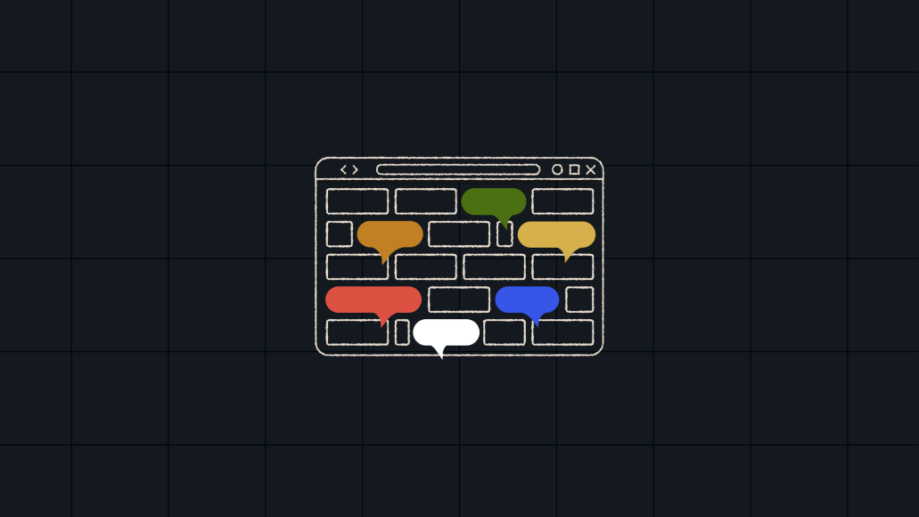 Illustration of a browser-based content grid with speech bubbles, symbolizing collaboration and editorial trust in AI content workflows.